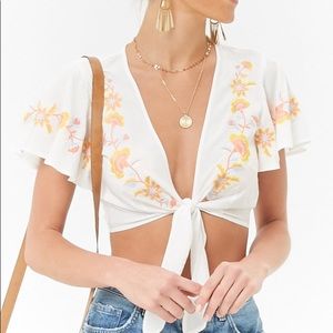 Embroidered tie front crop top floral forever 21 S